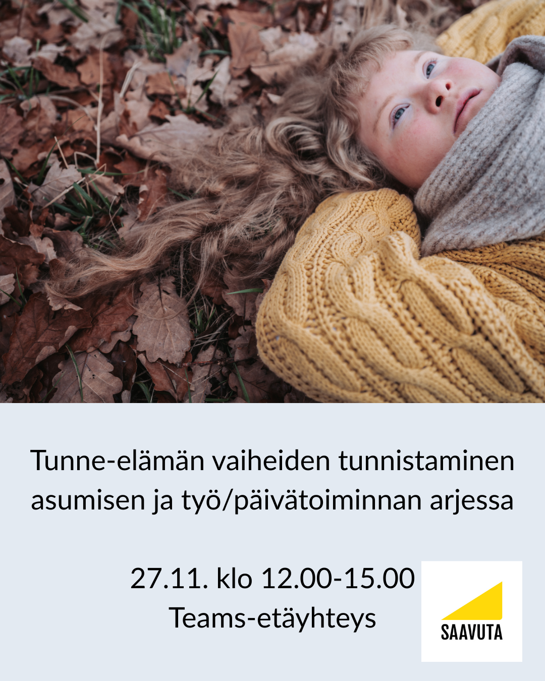 Tyttö makaa syksyisssä maassa ja katsoo taivaalle